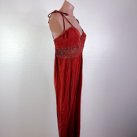 Urban Outfitters Tilly Lace Inset Crochet Boho Gauze Jumpsuit Rust Red Sz S NWT - Picture 5 of 12